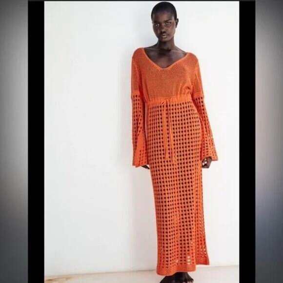NWT ZARA Crochet Orange Coverup Long Dress Size Small - Picture 3 of 8